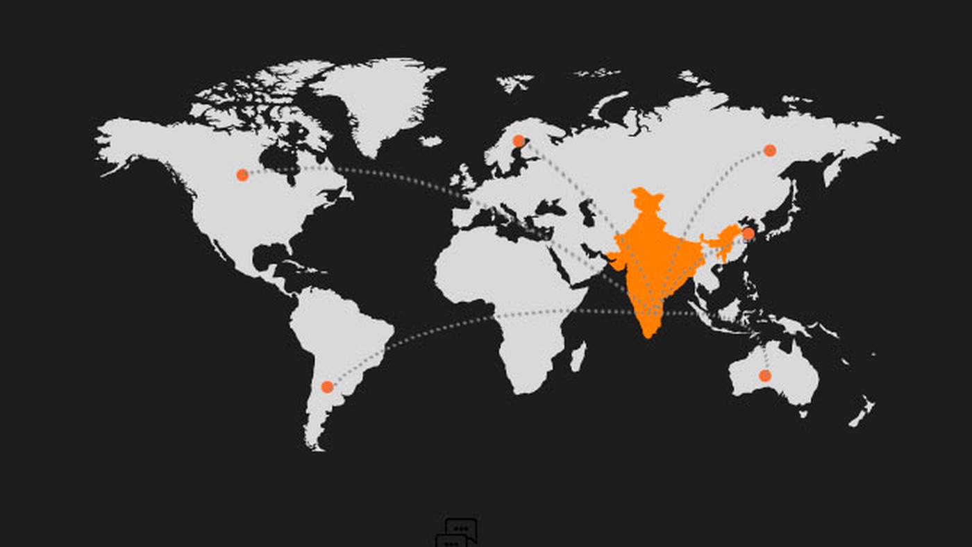 Dark world map showing global NRI client locations connected to India